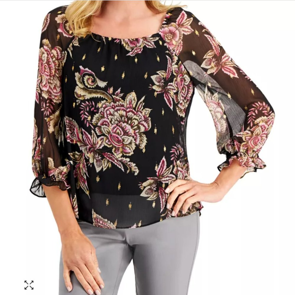 JM Collection Black Printed Sheer Sleeve Top Size L NWT